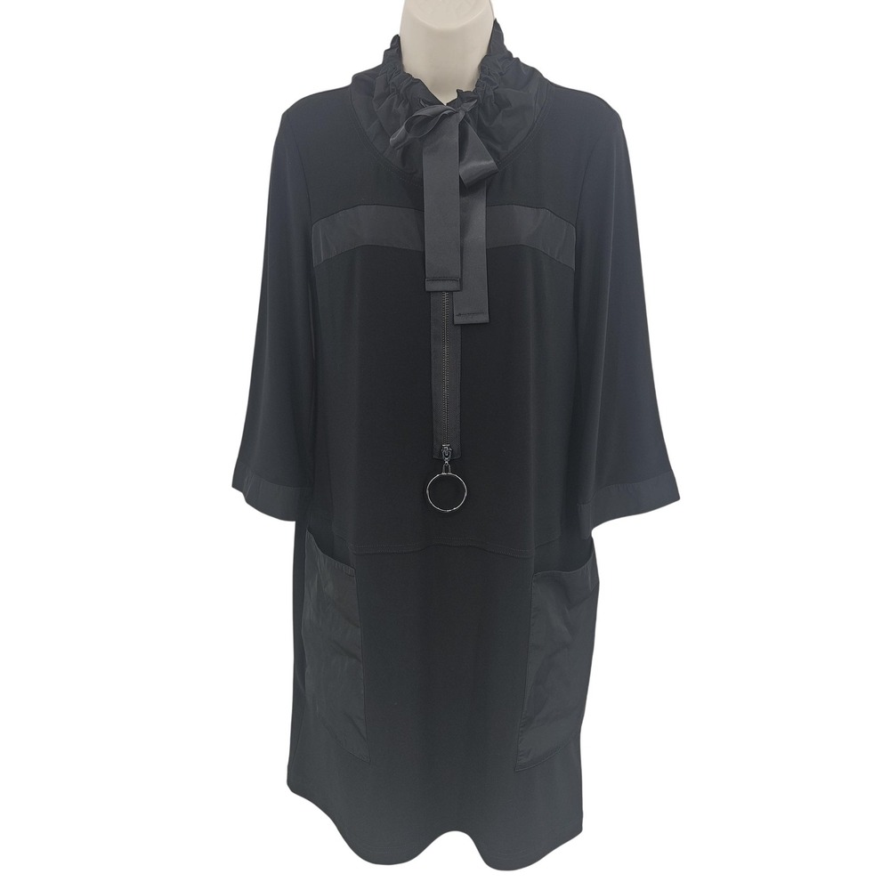Joseph Ribkoff Dress Women 4 Black Ruffle Tie Neck Zip Front O-Ring Pockets